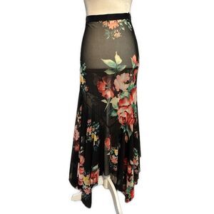Little Pieces Black Red Yellow Green Floral Sheer Maxi Skirt Small Medium